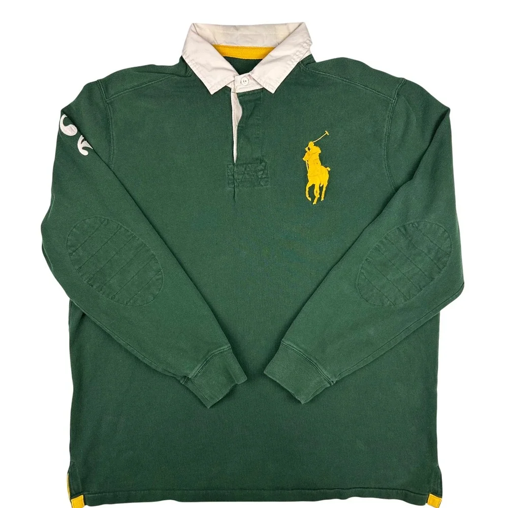 Polo Ralph Lauren Mens Big Pony Rugby Shirt Green Yellow Long Sleeve Size L